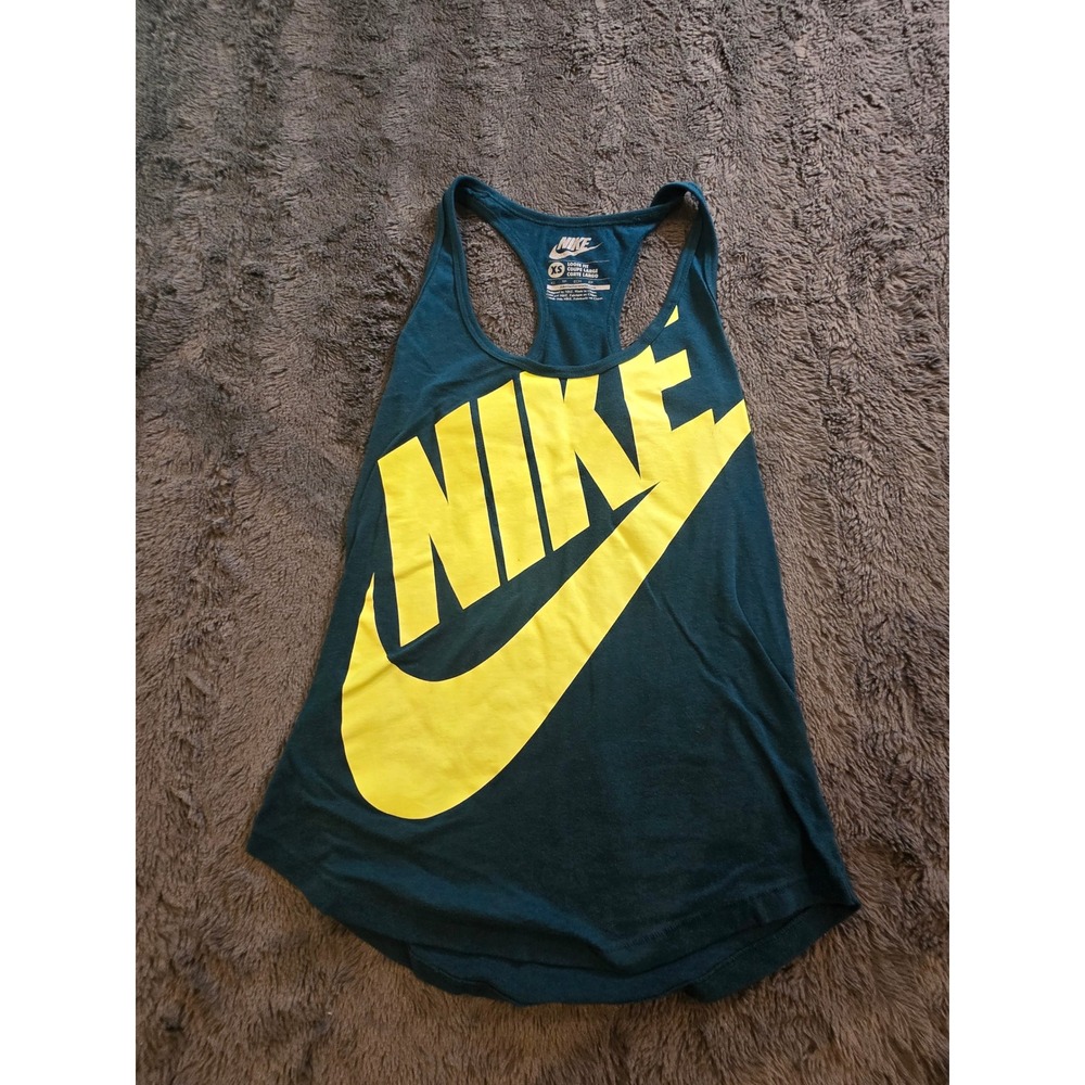 Nike Womens Loose Fit Racerback Tank Top Teal Green Yellow‎ Logo XS Sportswear